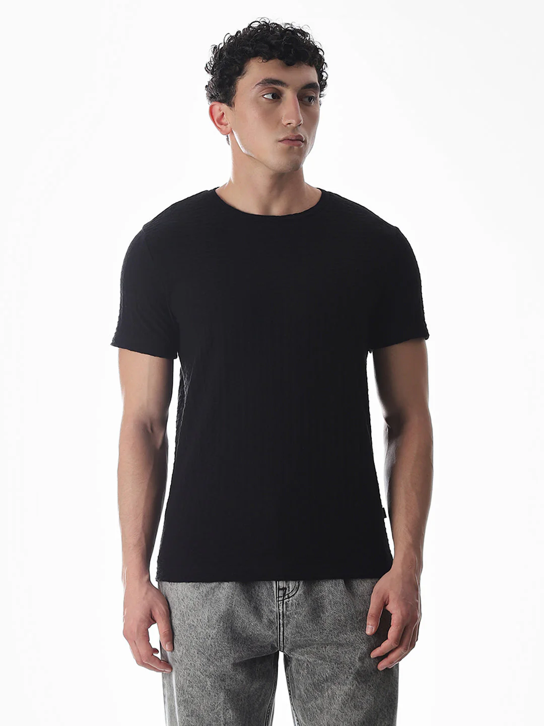 Black Jacquard Crew Neck T-shirt - Image 2