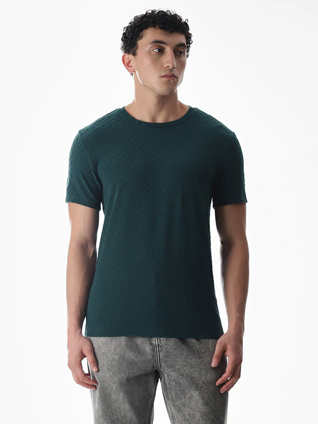 Green Jacquard Crew Neck T-shirt - Image 2