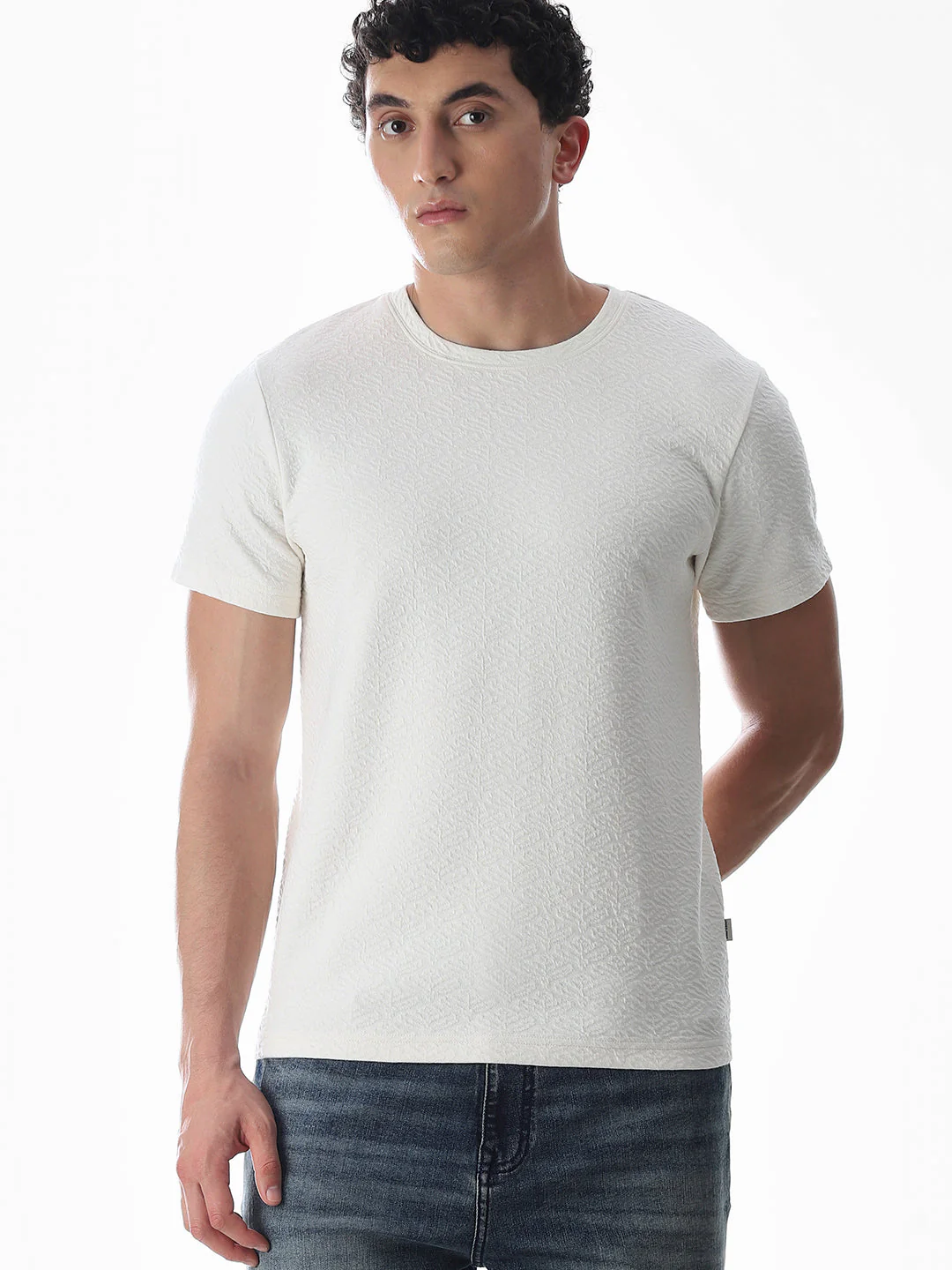 White Jacquard Crew Neck T-shirt