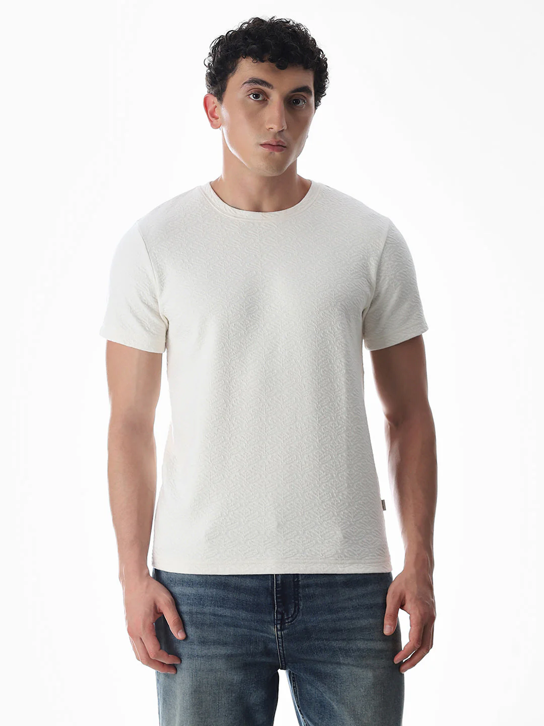 White Jacquard Crew Neck T-shirt - Image 2
