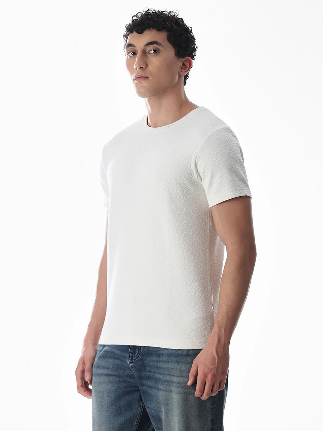 White Jacquard Crew Neck T-shirt - Image 3