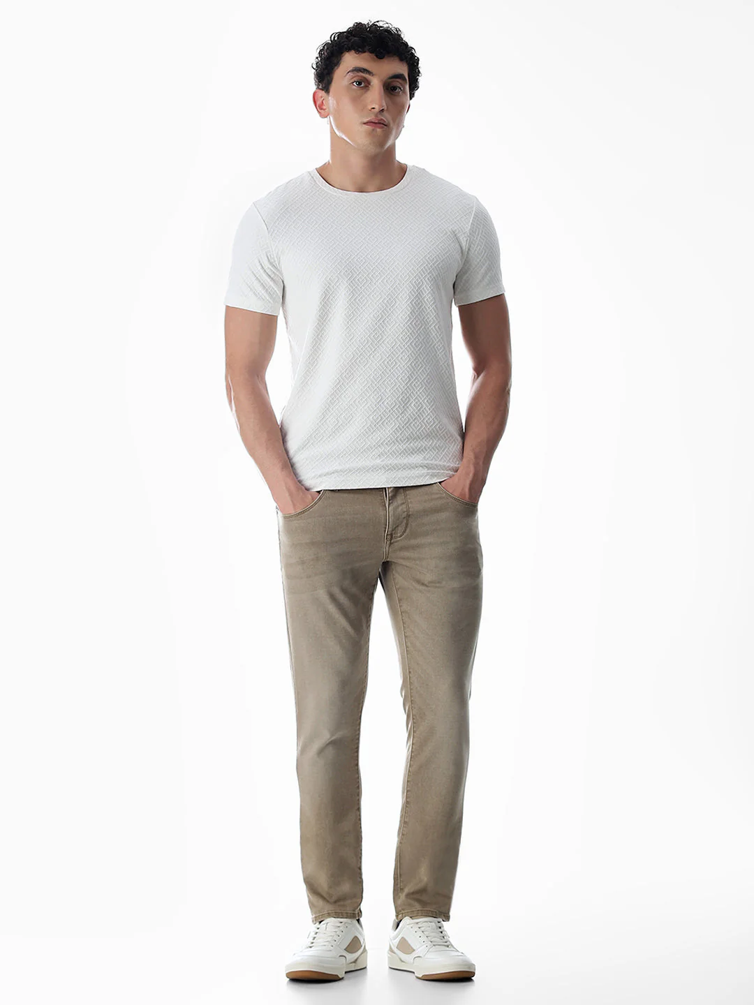 White Jacquard Crew Neck T-shirt - Image 6