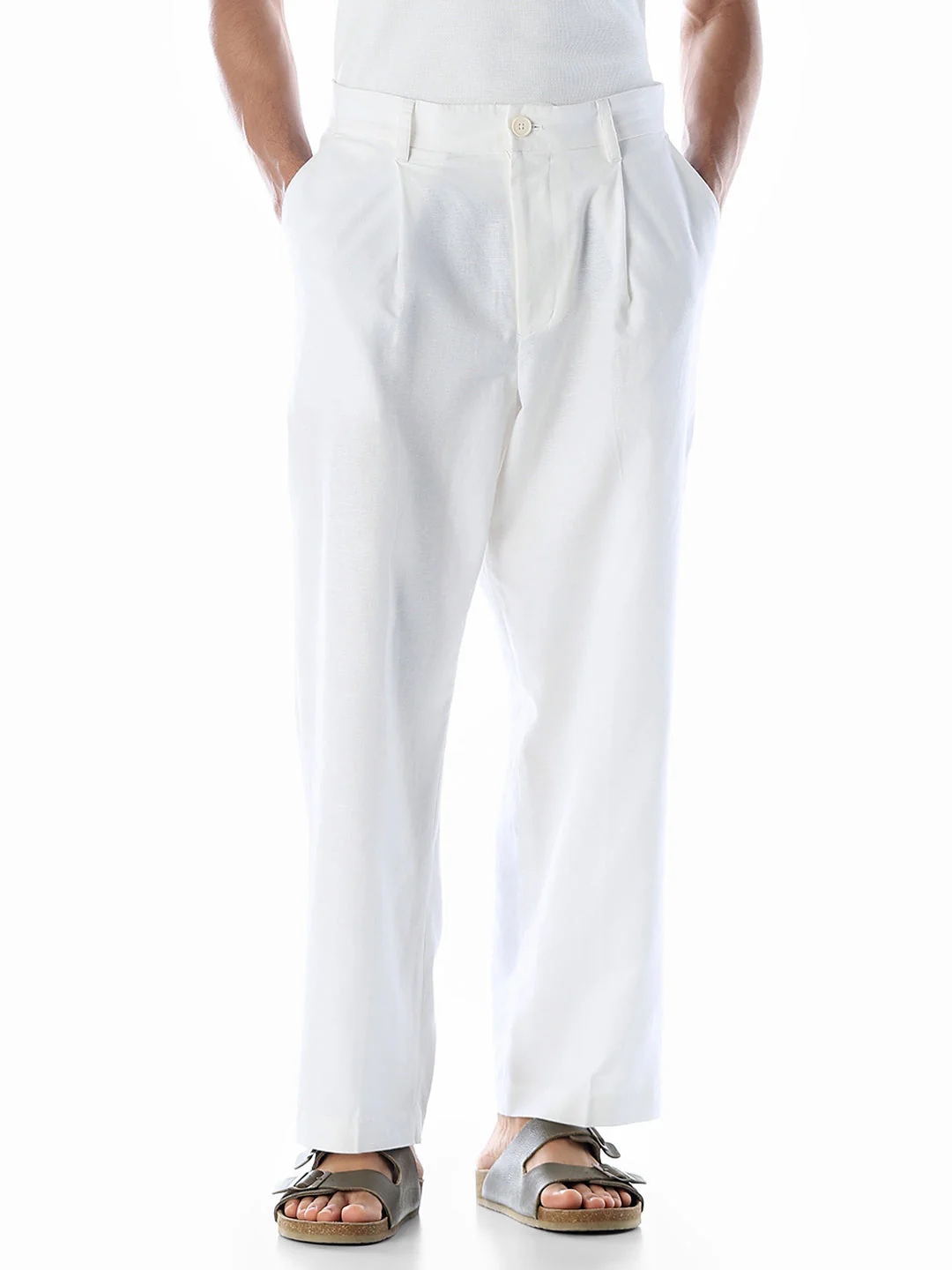 White Cotton-Flax Loose Fit Pants - Image 2