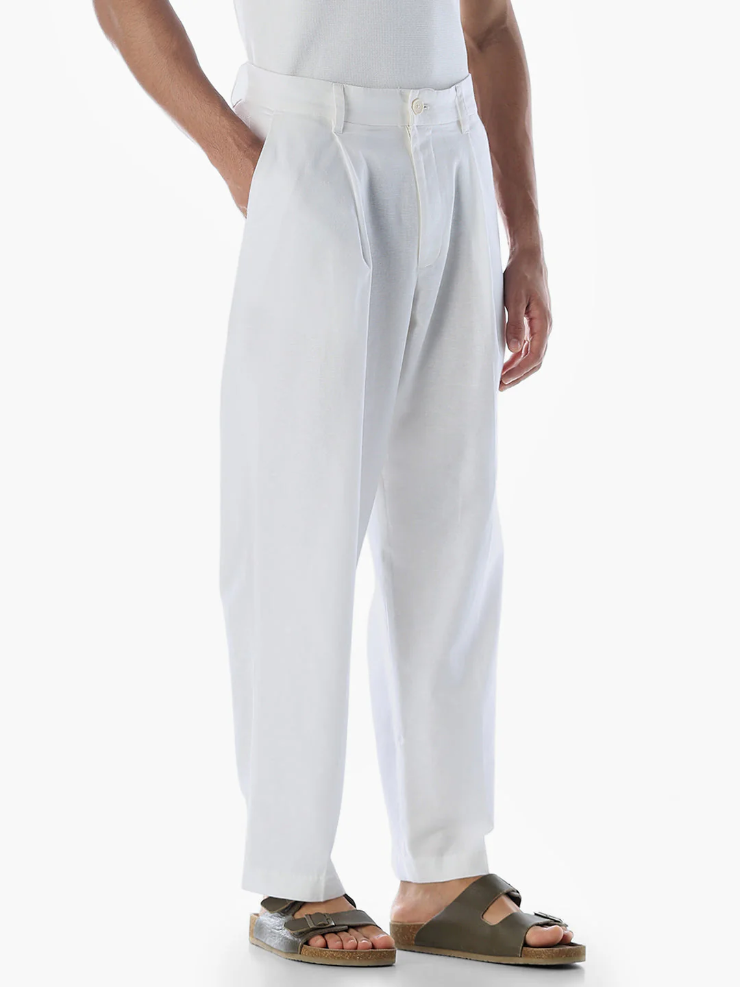 White Cotton-Flax Loose Fit Pants - Image 3