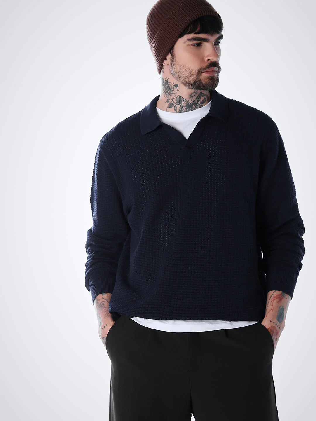 Structured Knitted Regular Fit Polo - Blue