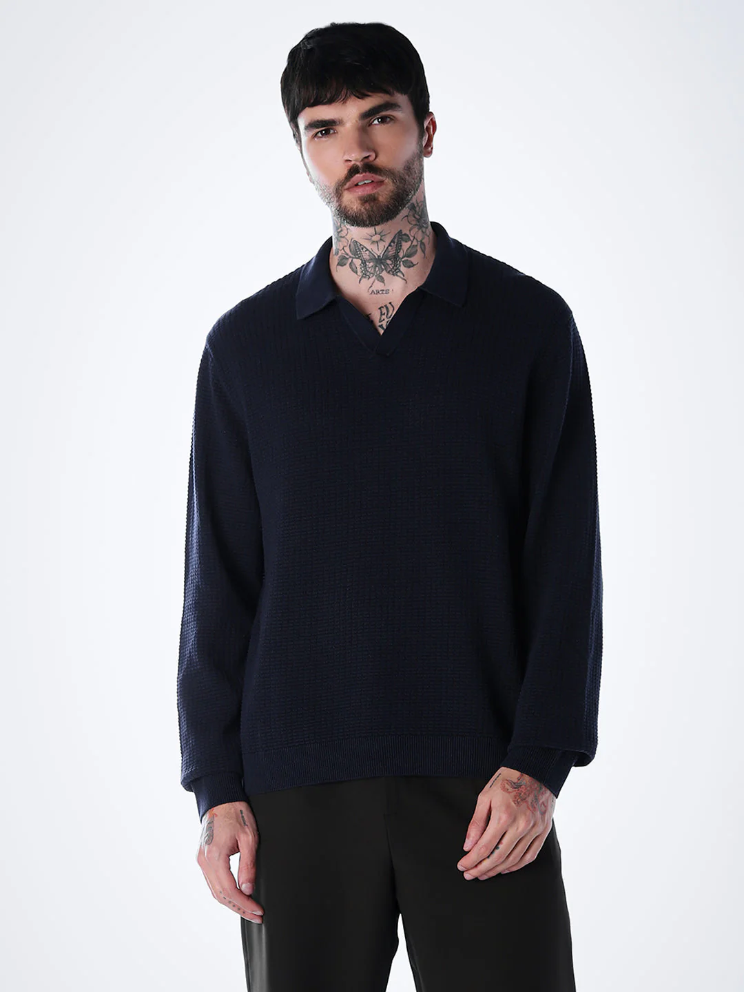 Structured Knitted Regular Fit Polo - Blue - Image 2