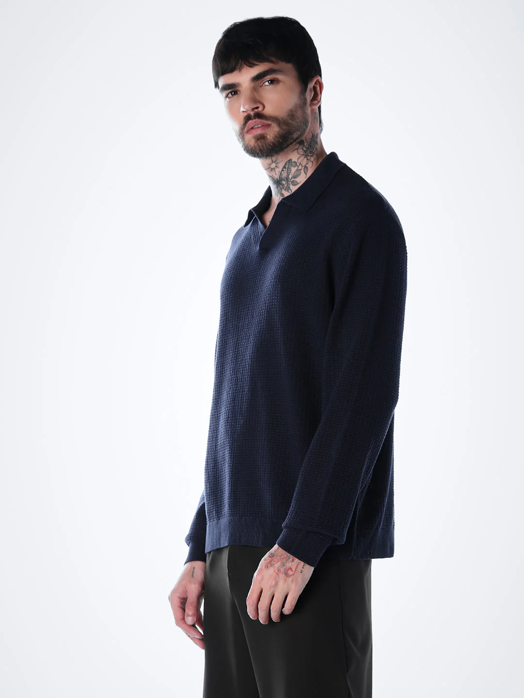 Structured Knitted Regular Fit Polo - Blue - Image 3