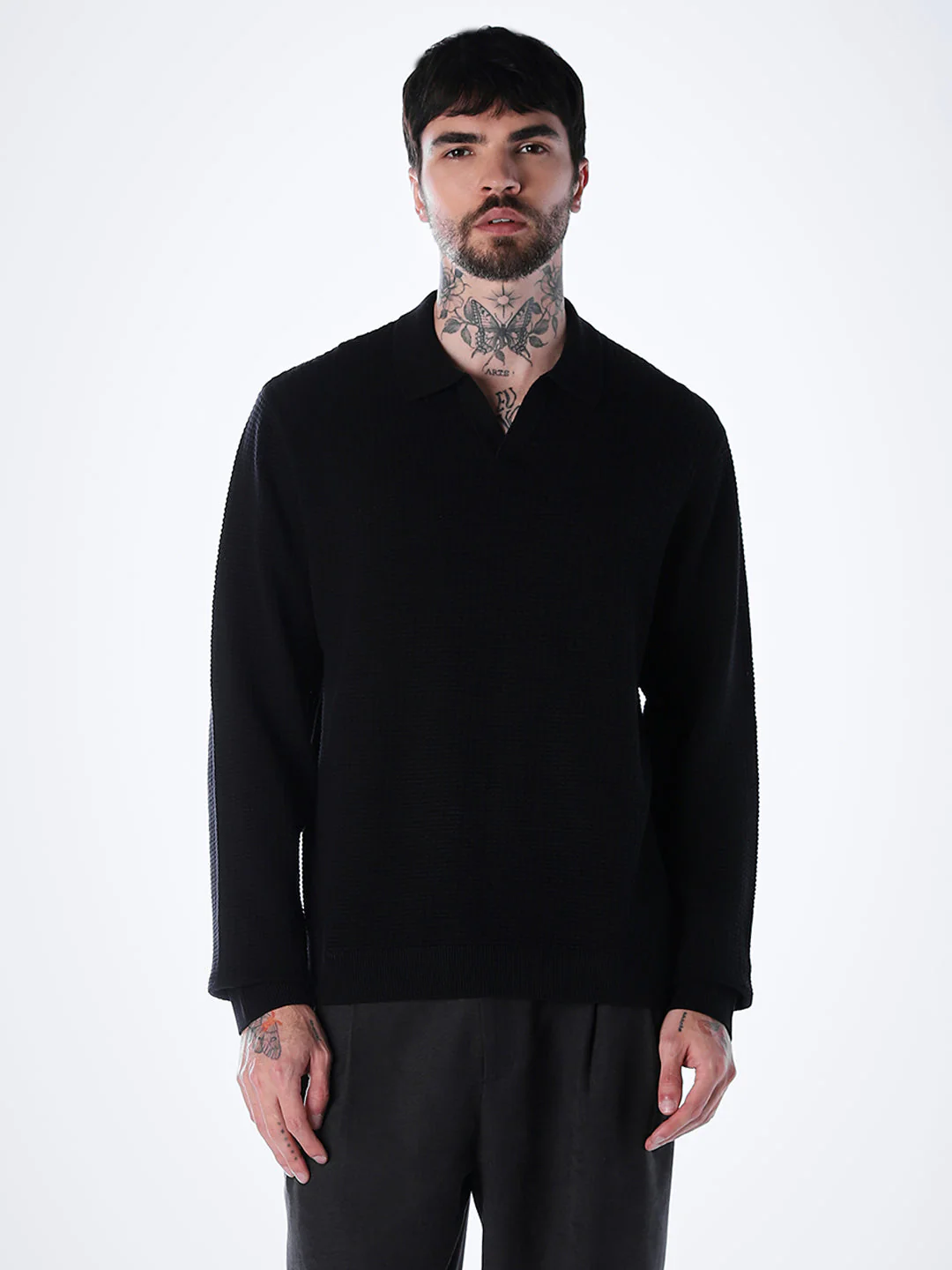Structured Knitted Regular Fit Polo - Black - Image 2