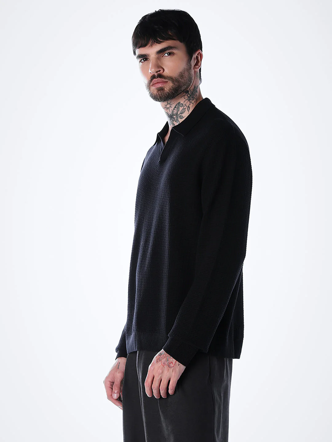 Structured Knitted Regular Fit Polo - Black - Image 3