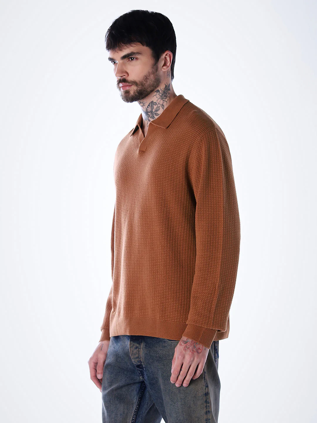 Structured Knitted Regular Fit Polo - Brown - Image 3