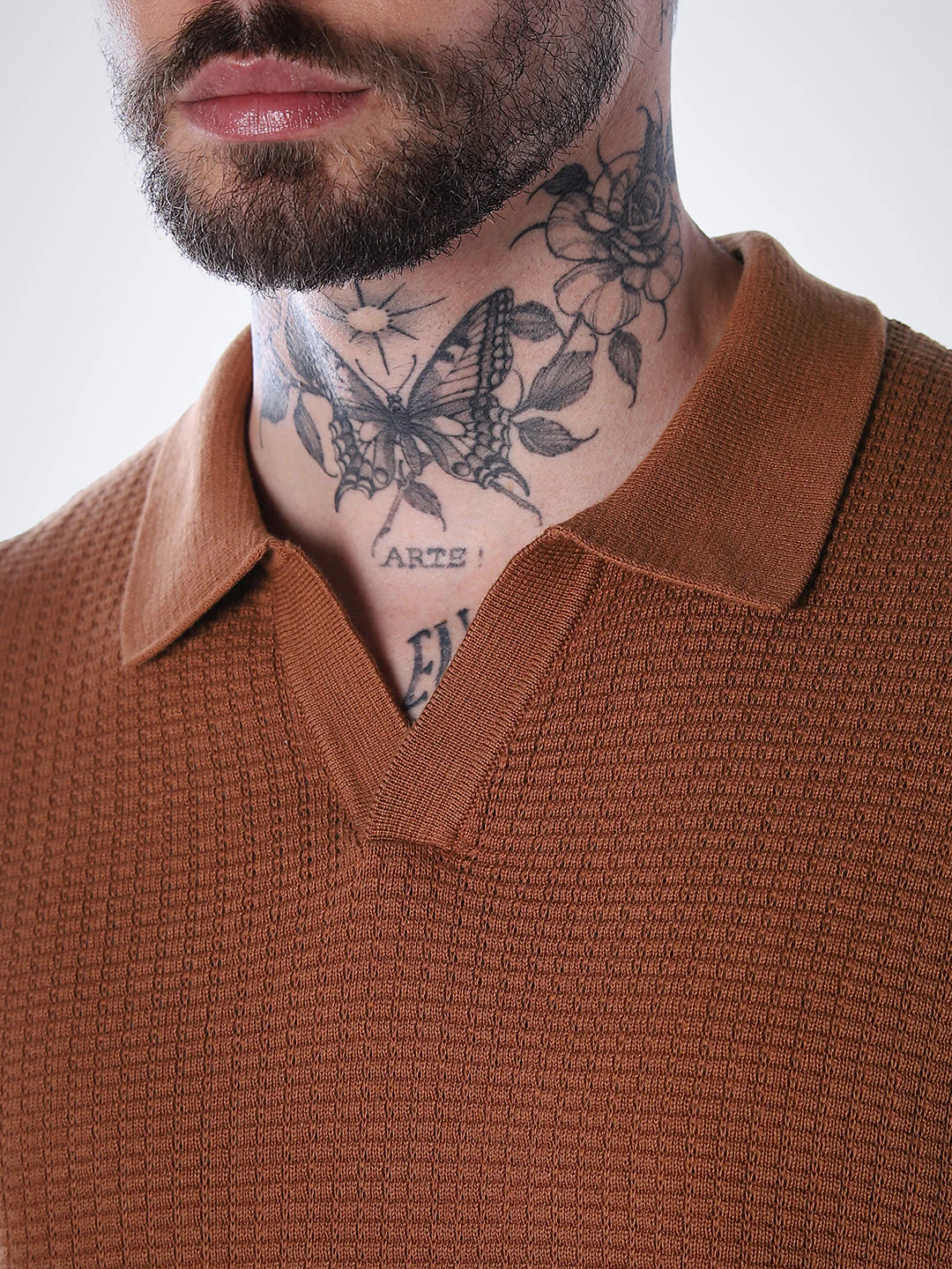 Structured Knitted Regular Fit Polo - Brown - Image 5