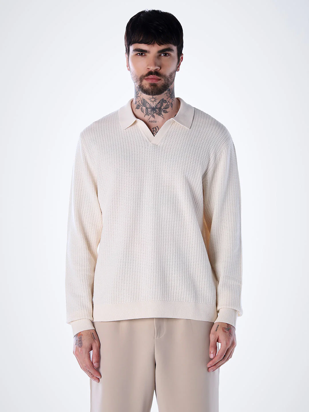 Structured Knitted Regular Fit Polo - White - Image 2