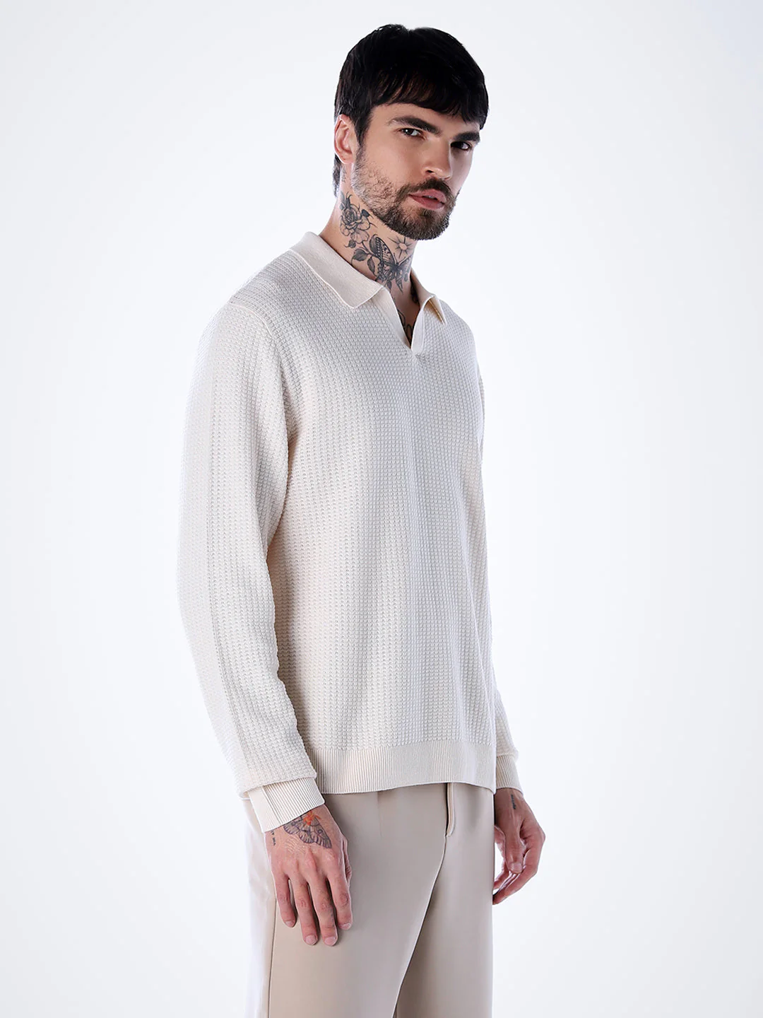 Structured Knitted Regular Fit Polo - White - Image 3