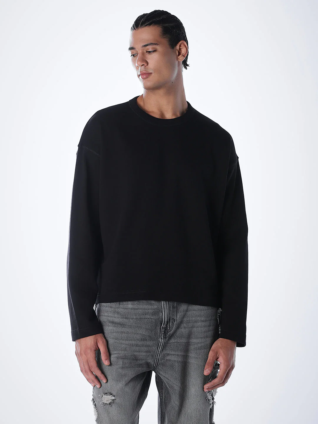 Crew Neck Cotton Sweatshirt - Black - Image 2