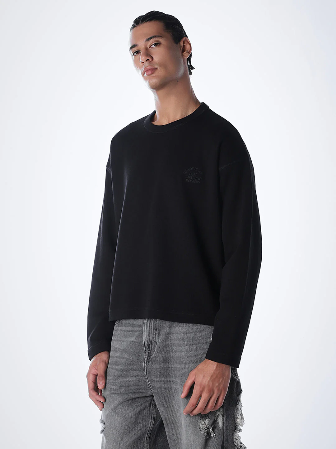 Crew Neck Cotton Sweatshirt - Black - Image 3