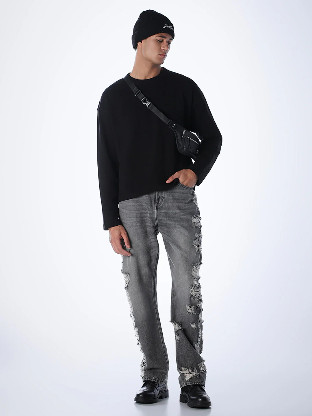 Crew Neck Cotton Sweatshirt - Black - Image 7