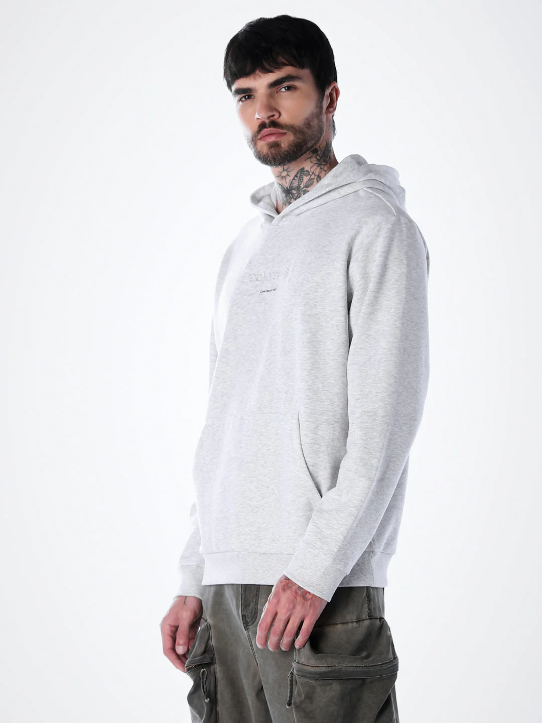 Embossed Text Hoodie - White Mélange - Image 3