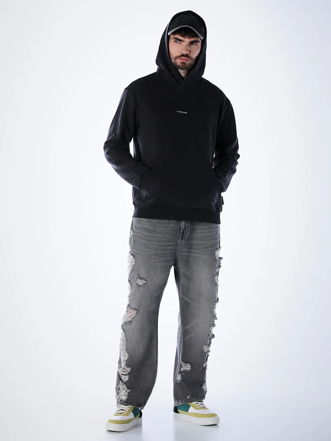 Embossed Text Hoodie - Black - Image 6