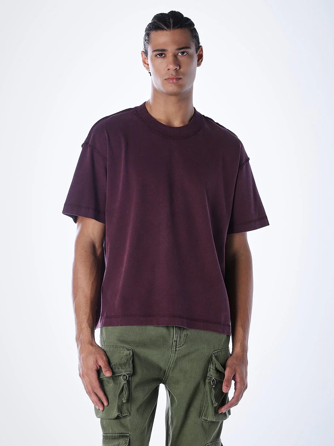 Acid Wash Cotton T-shirt - Maroon - Image 2
