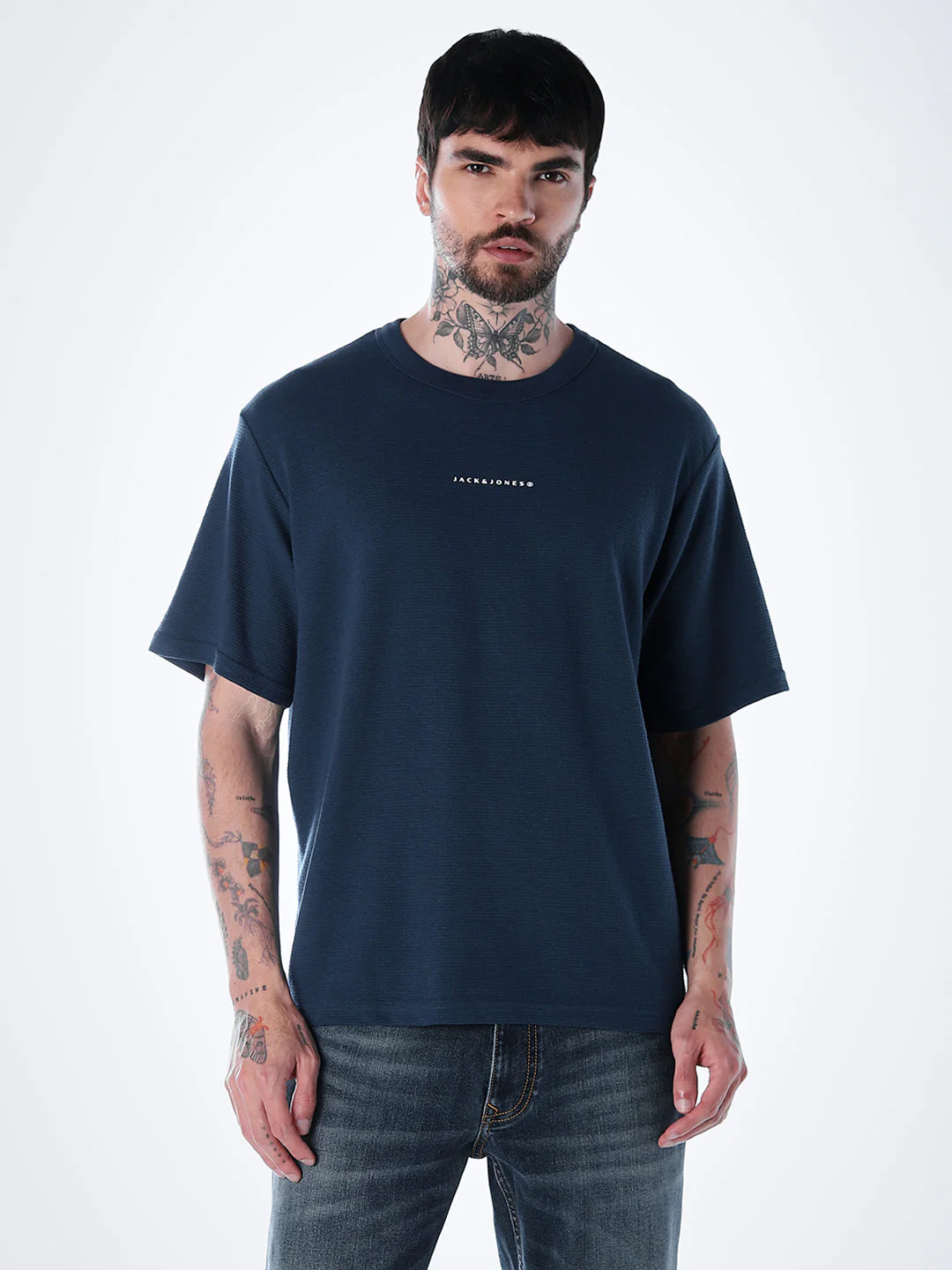 Structured Crew Neck Oversized T-shirt - Blue - Image 2