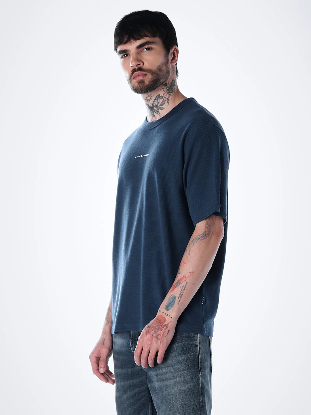Structured Crew Neck Oversized T-shirt - Blue - Image 3