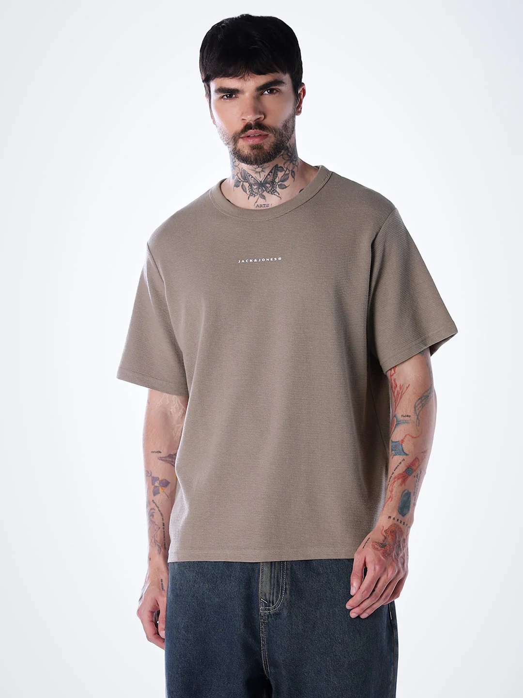 Structured Crew Neck Oversized T-shirt - Brown - Image 2