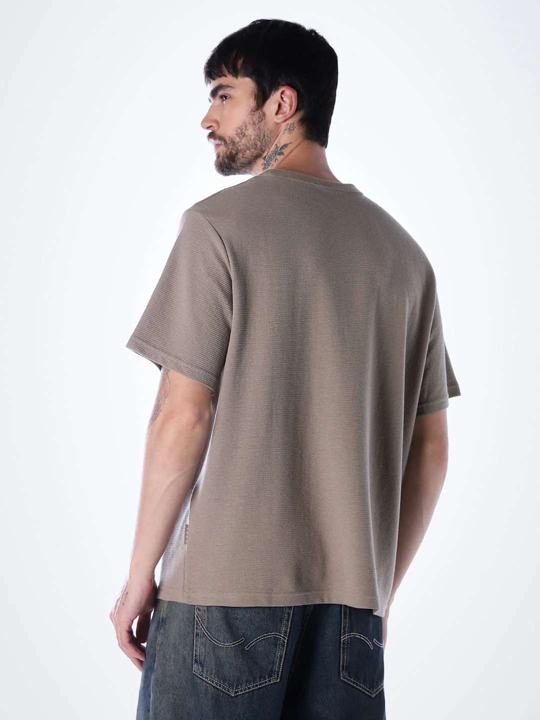 Structured Crew Neck Oversized T-shirt - Brown - Image 4