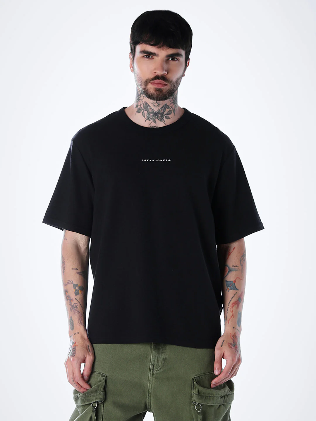 Structured Crew Neck Oversized T-shirt - Black - Image 2