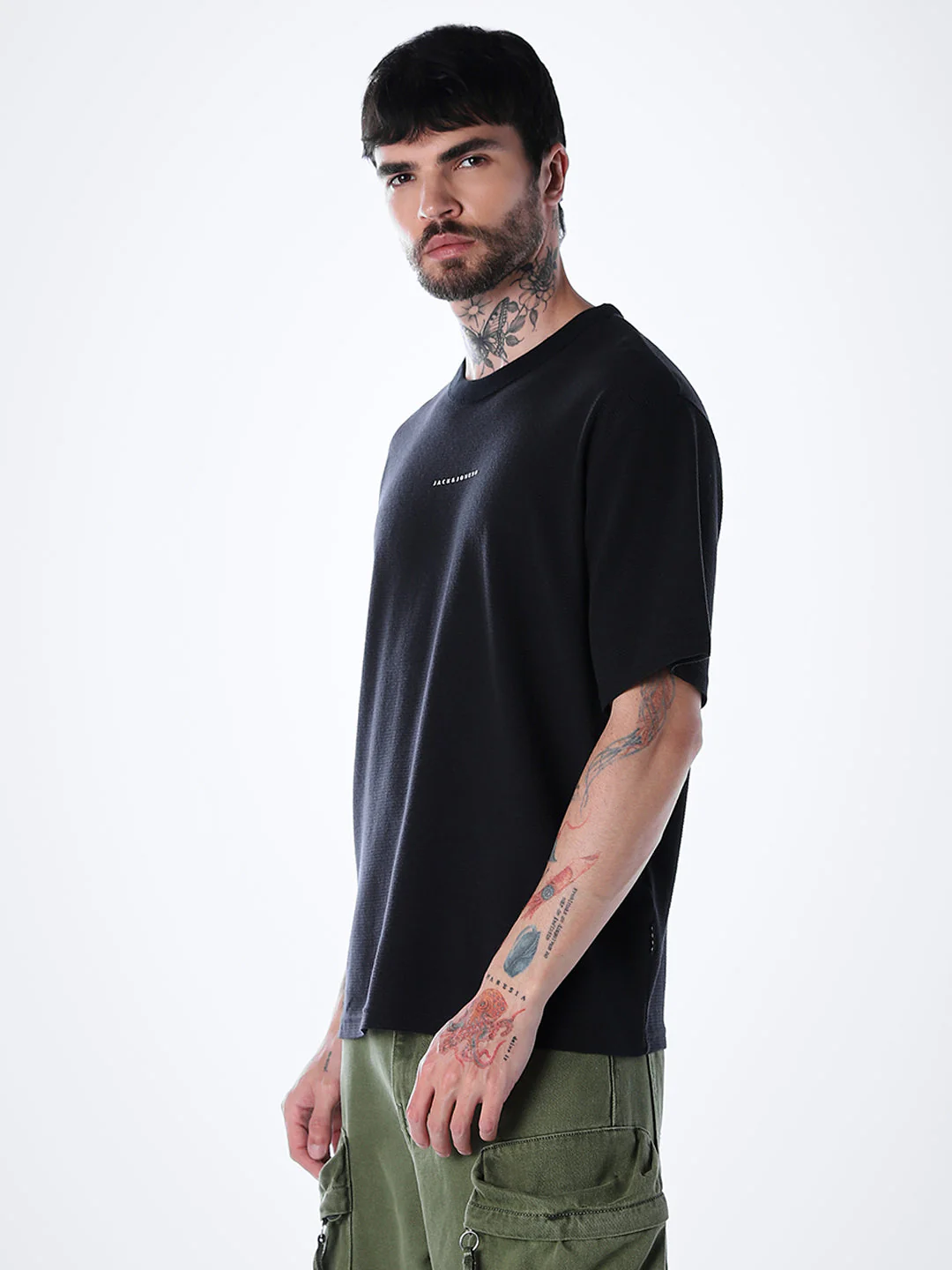 Structured Crew Neck Oversized T-shirt - Black - Image 3