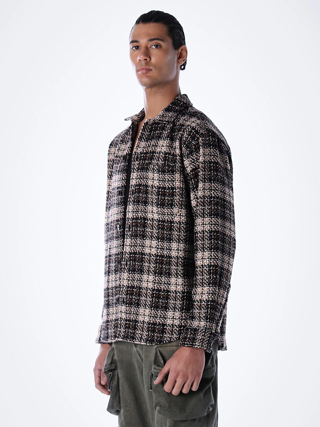 Thread Check Print Overshirt - Black - Image 3