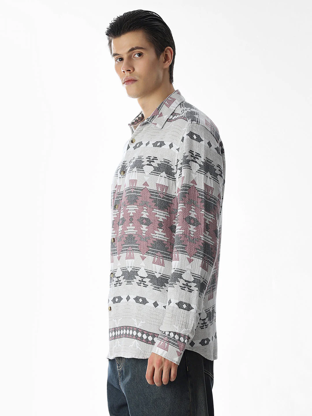 Grey Printed Jacquard Cotton Shirt - Image 3
