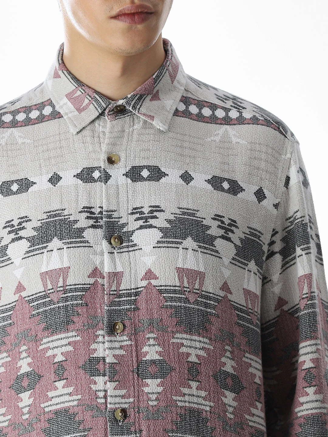 Grey Printed Jacquard Cotton Shirt - Image 5
