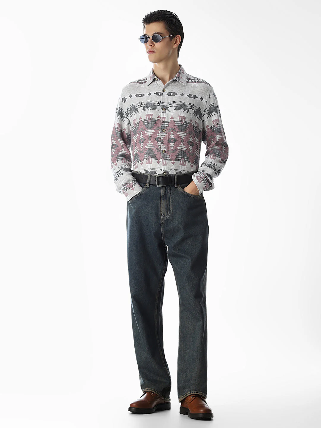 Grey Printed Jacquard Cotton Shirt - Image 6