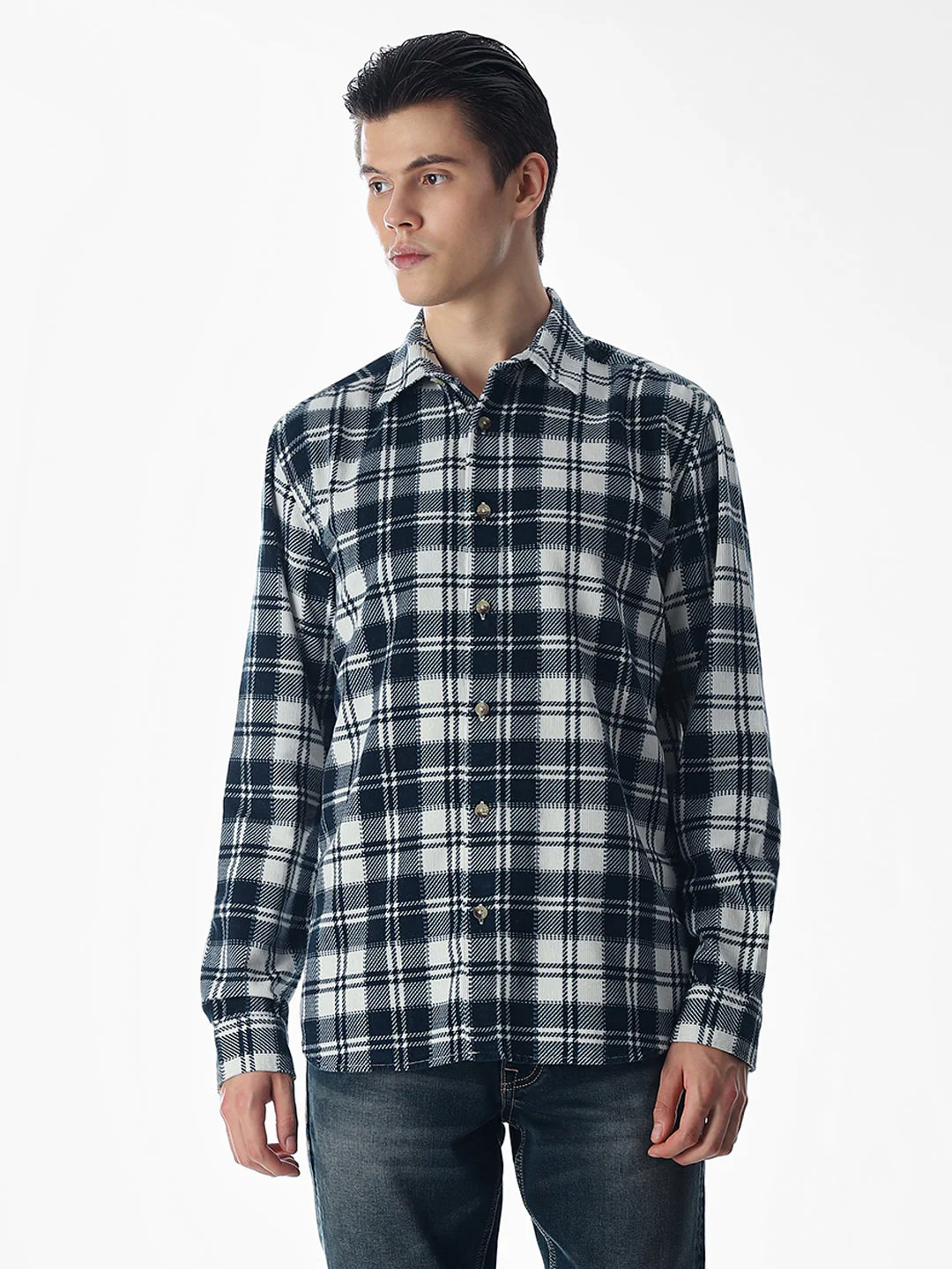 Dark Blue Check Cotton Shirt - Image 2