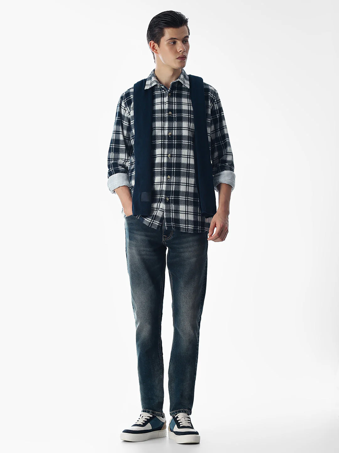 Dark Blue Check Cotton Shirt - Image 6