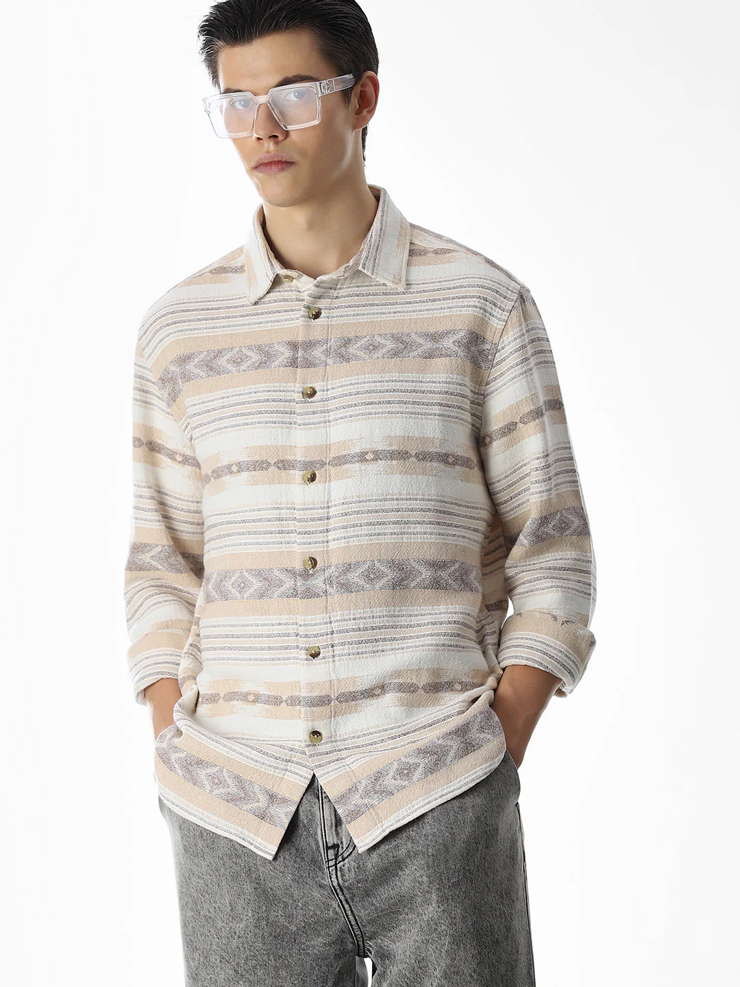 Beige Printed Jacquard Cotton Shirt