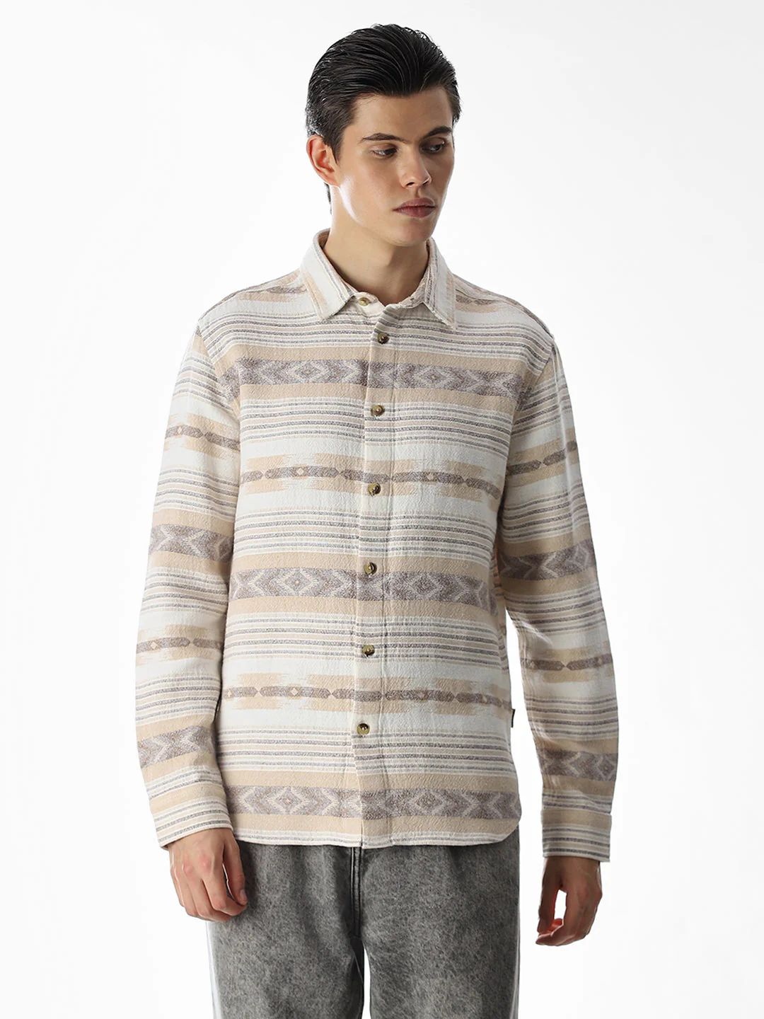 Beige Printed Jacquard Cotton Shirt - Image 2