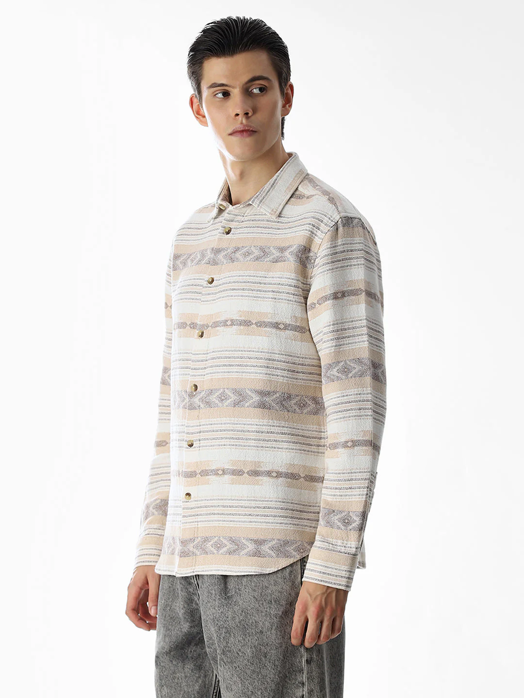 Beige Printed Jacquard Cotton Shirt - Image 3