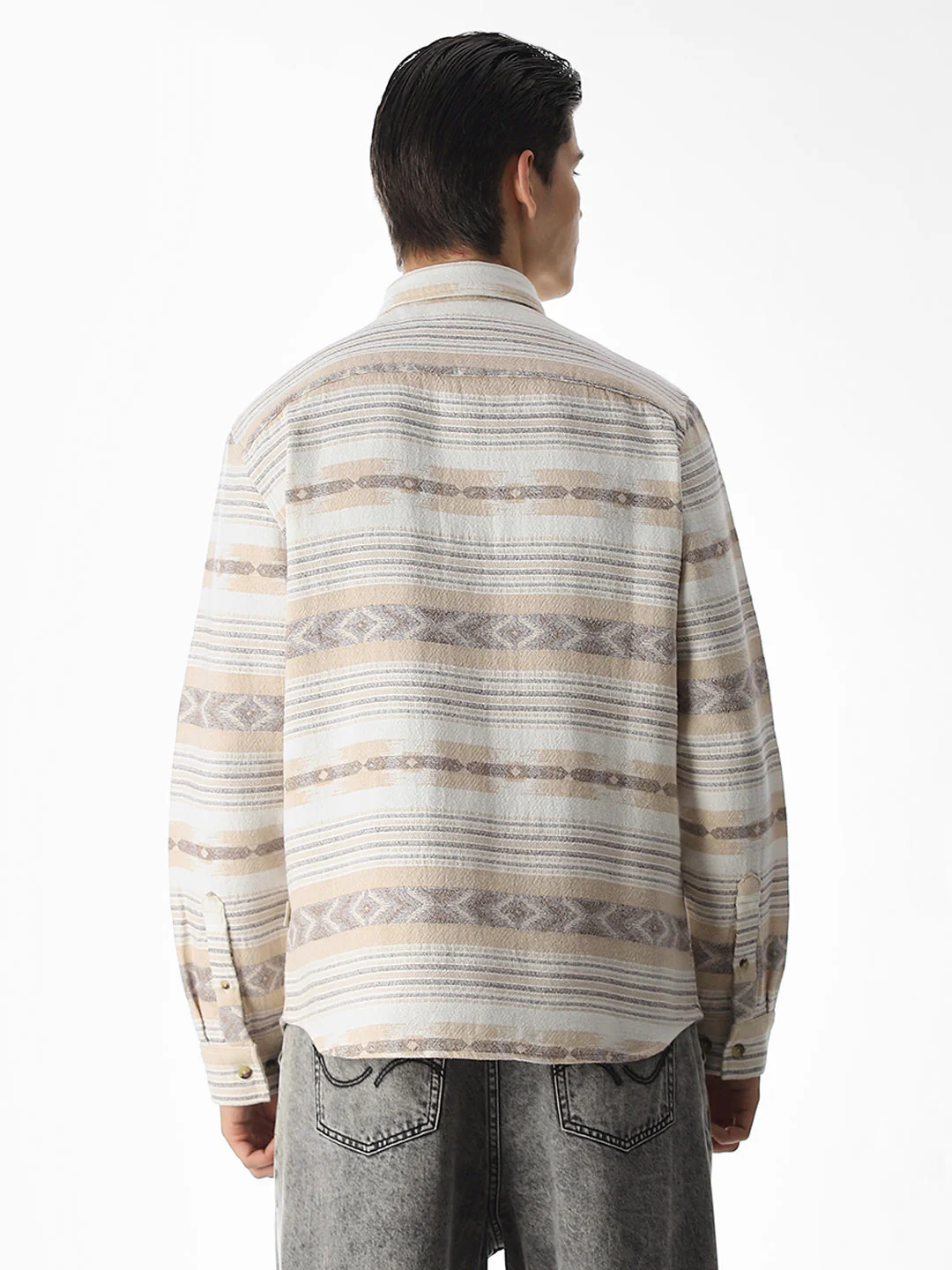 Beige Printed Jacquard Cotton Shirt - Image 4