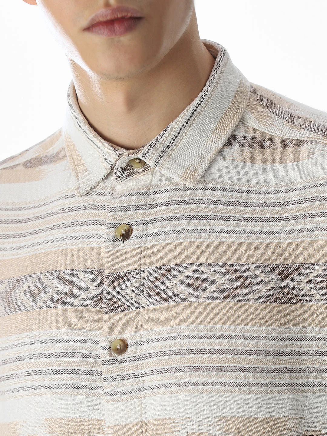 Beige Printed Jacquard Cotton Shirt - Image 5
