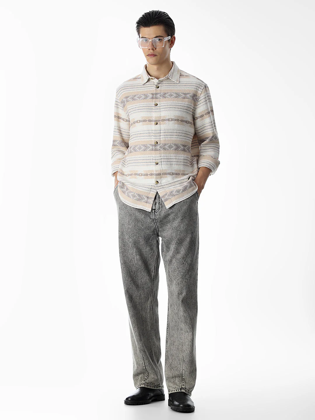 Beige Printed Jacquard Cotton Shirt - Image 6