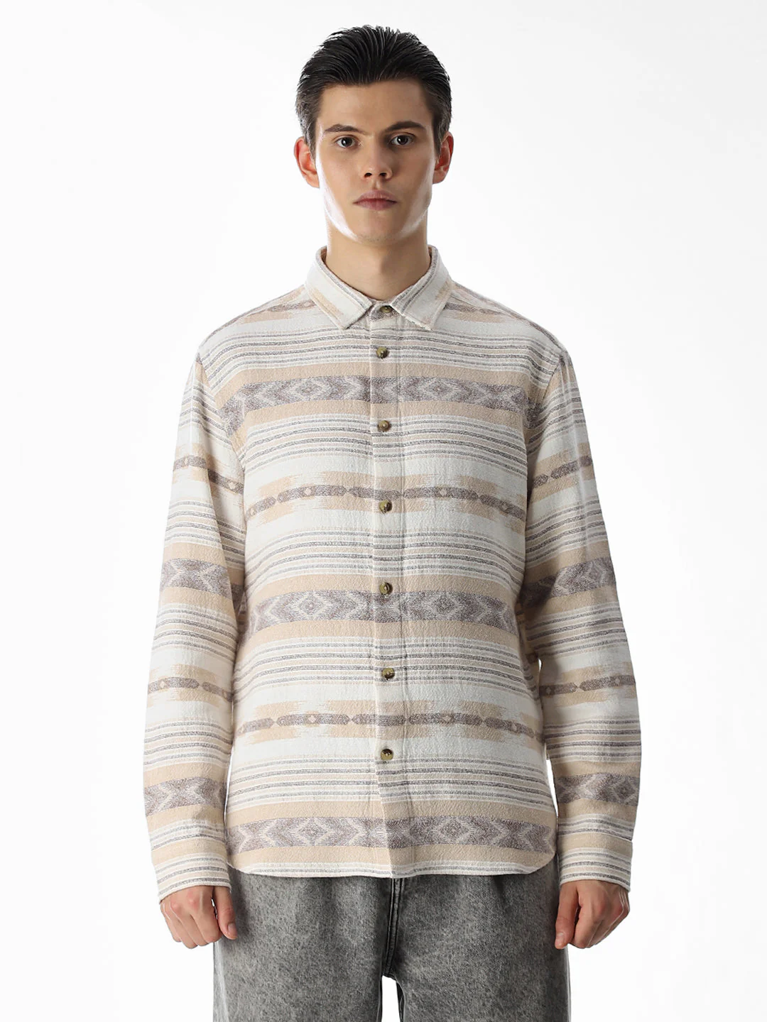 Beige Printed Jacquard Cotton Shirt - Image 8