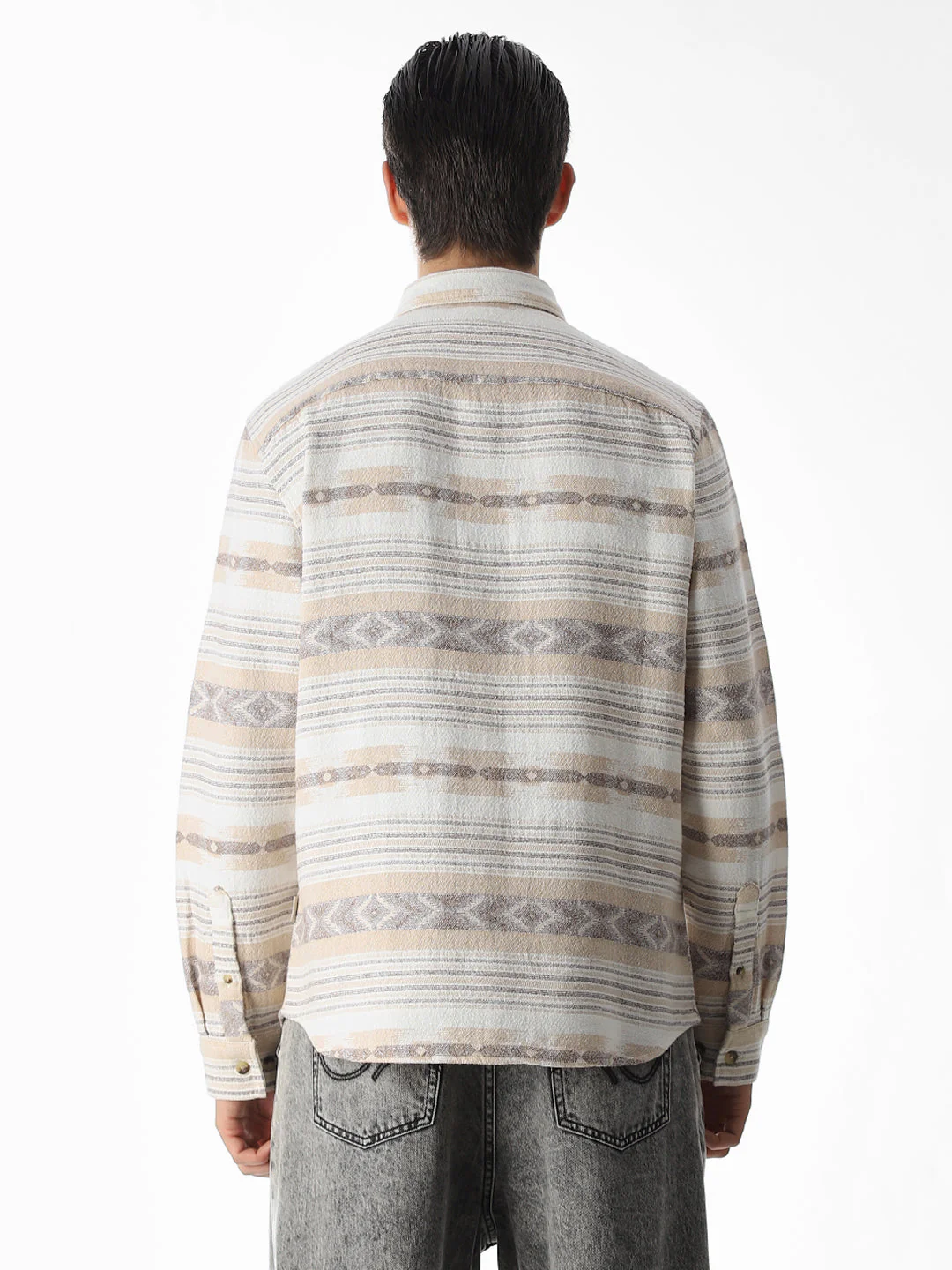 Beige Printed Jacquard Cotton Shirt - Image 9