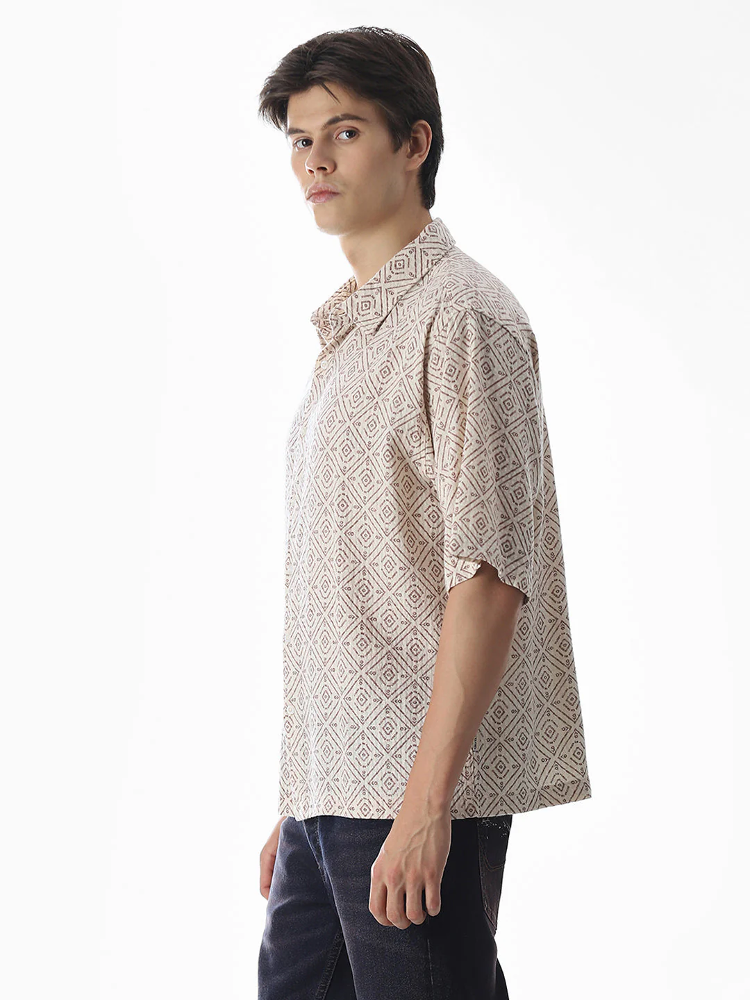 Beige Printed Cotton Oversized Shirt - Image 3