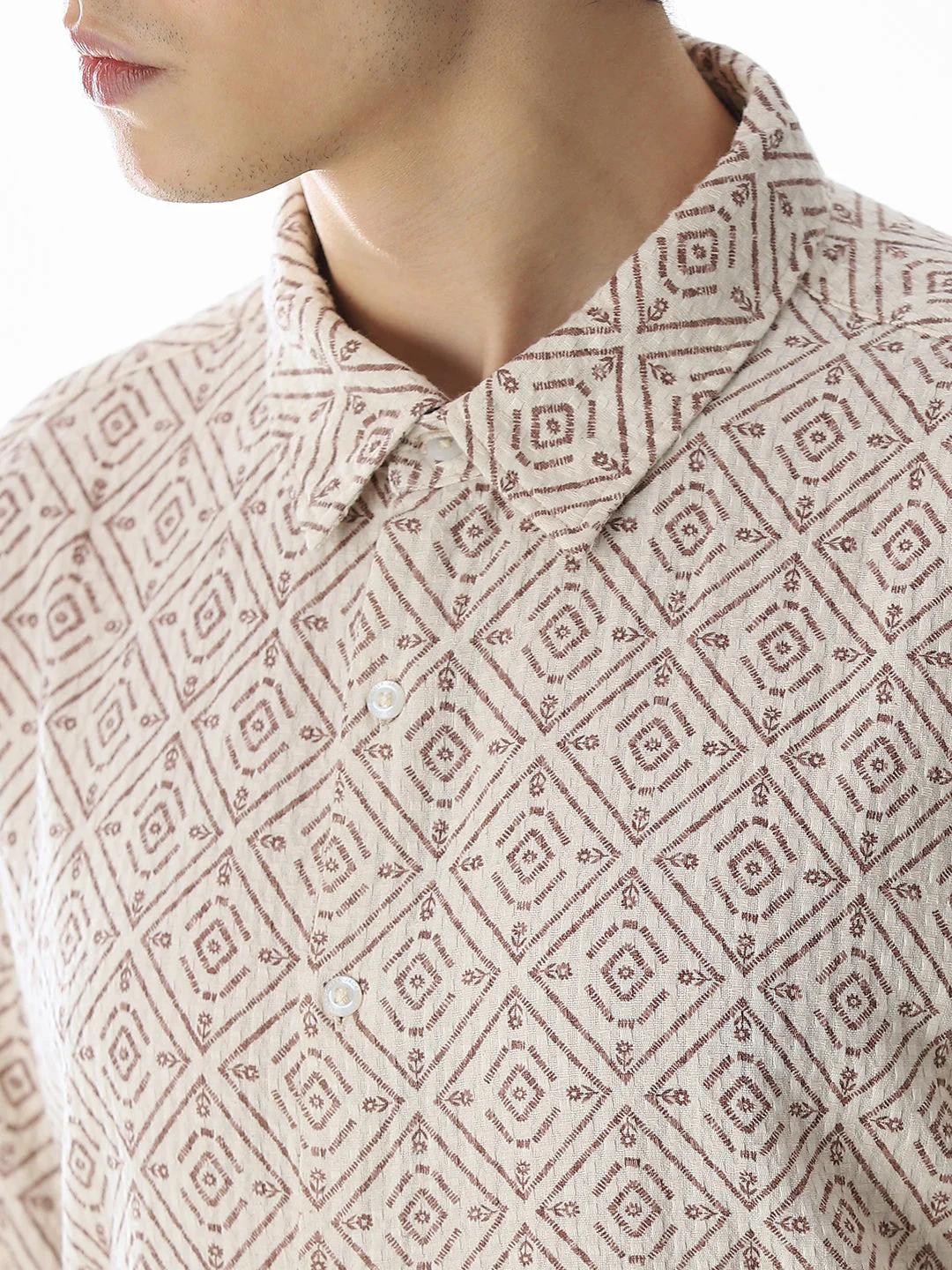 Beige Printed Cotton Oversized Shirt - Image 5