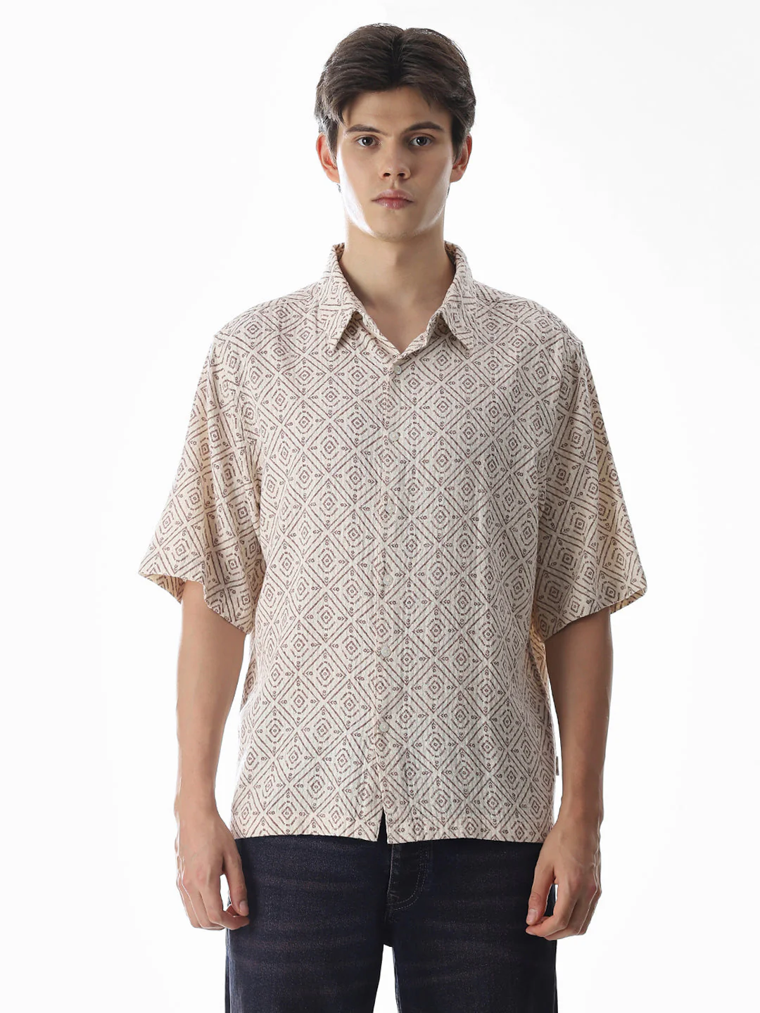 Beige Printed Cotton Oversized Shirt - Image 8