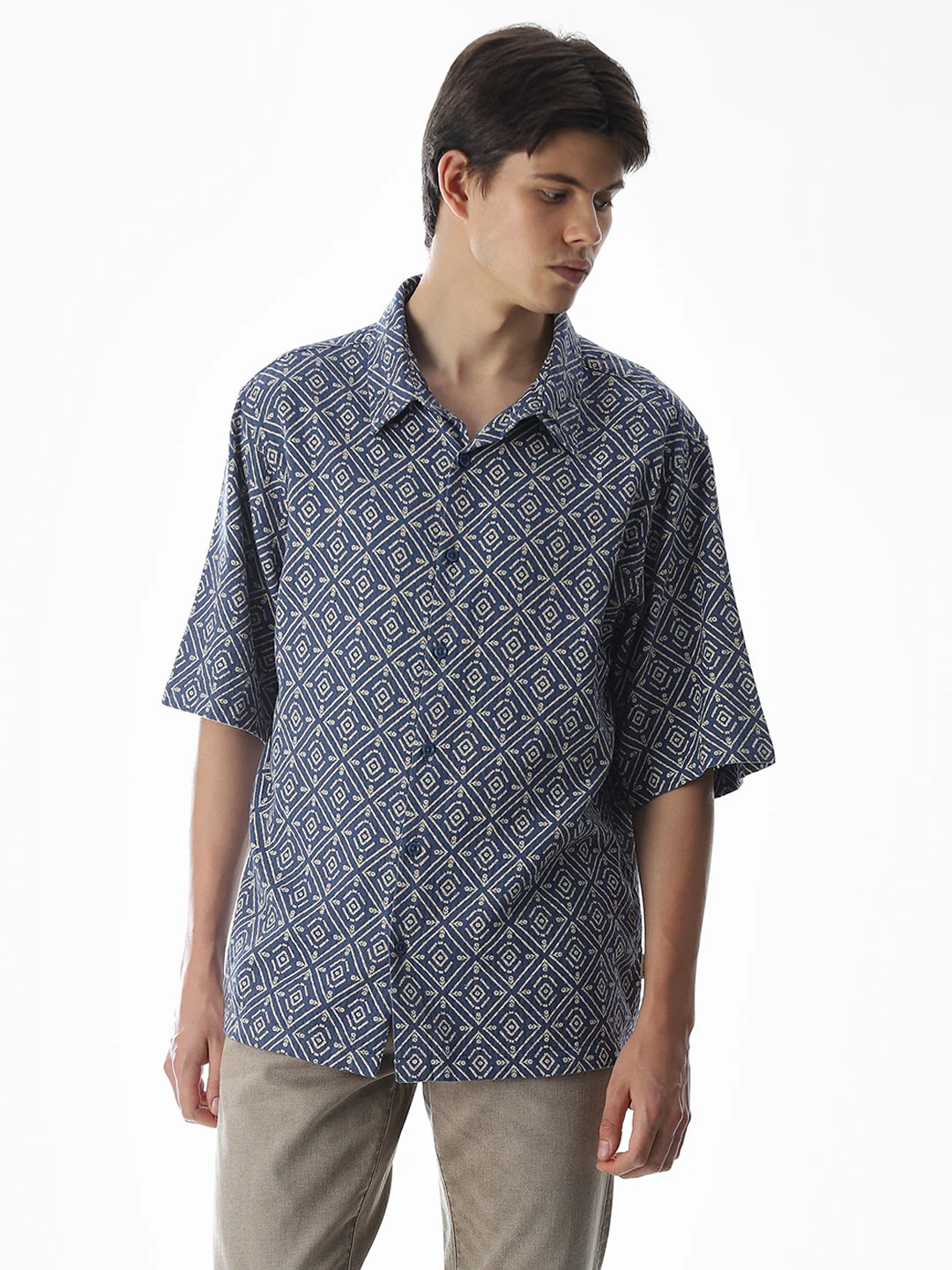 Blue Printed Cotton Short Sleeves Shirt - Image 2