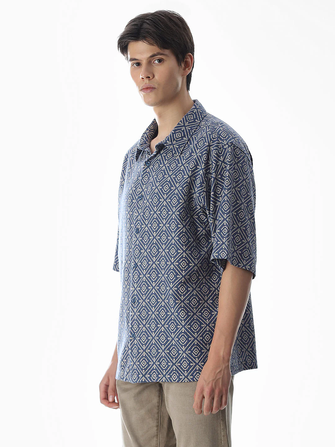 Blue Printed Cotton Short Sleeves Shirt - Image 3