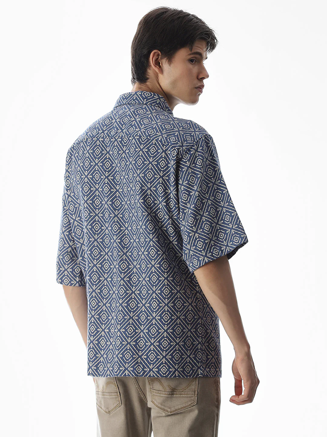 Blue Printed Cotton Short Sleeves Shirt - Image 4