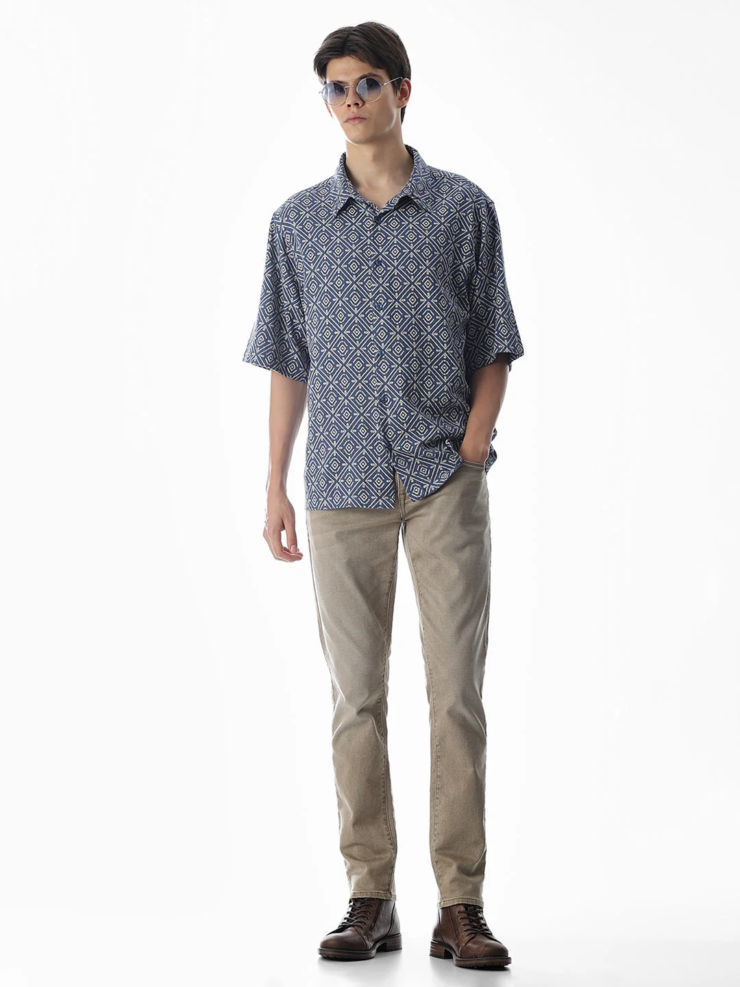 Blue Printed Cotton Short Sleeves Shirt - Image 6